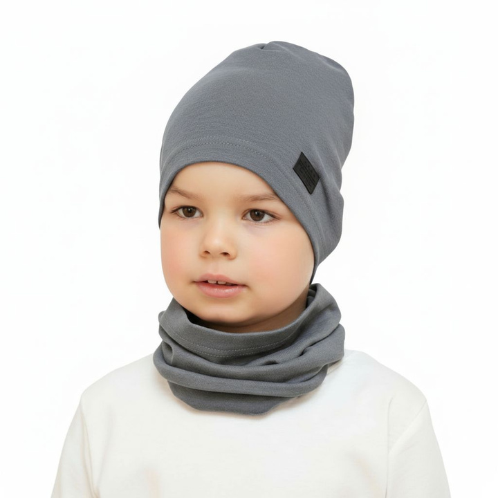 Ensemble automne/printemps garçon: bonnet et snood, gris, coton, Frizi