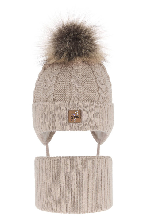 Ensemble d'hiver fille: bonnet et snood, beige, avec pompon, Finess