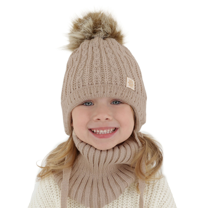 Ensemble d'hiver fille: bonnet et snood, beige, avec pompon, Passa