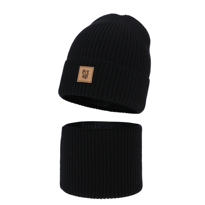 Ensemble automne/printemps garçon: bonnet et snood, noir, avec laine mérinos, Vanto