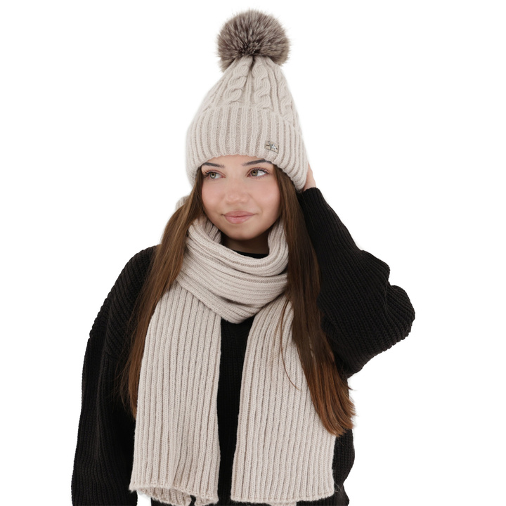 Ensemble d'hiver femme: bonnet et écharpe, beige, Lunetta