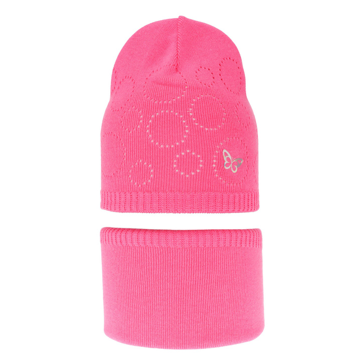 Ensemble automne/printemps fille: bonnet et snood, avec coton, rose, ajouré, Amarilla