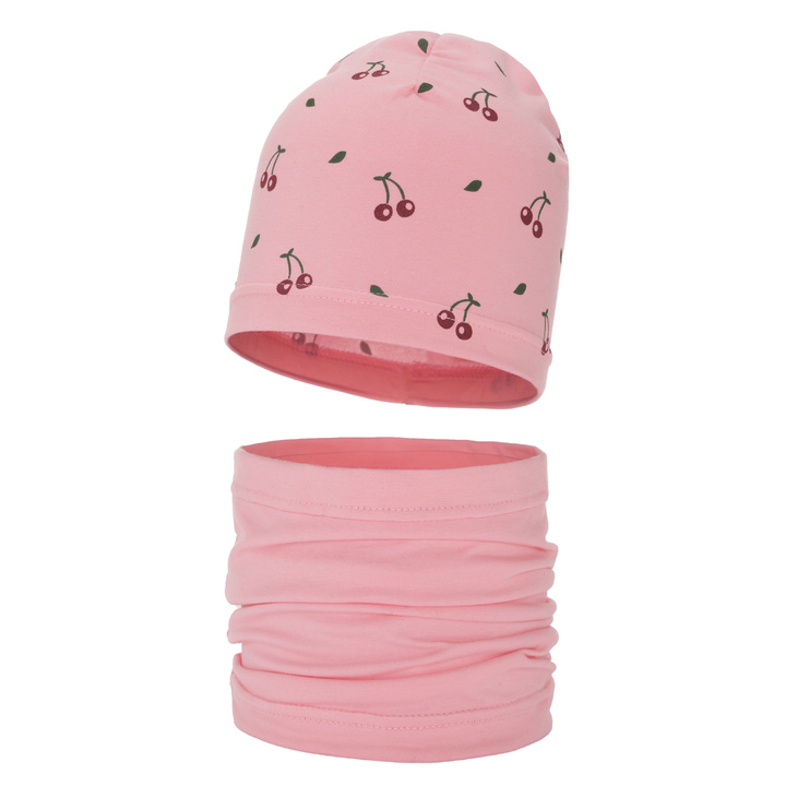 Ensemble automne/printemps fille: bonnet et snood, rose, en coton, Cerise