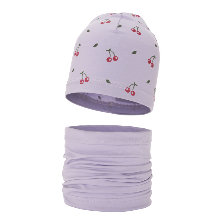 Ensemble automne/printemps fille: bonnet et snood, violet, en coton, Cerise
