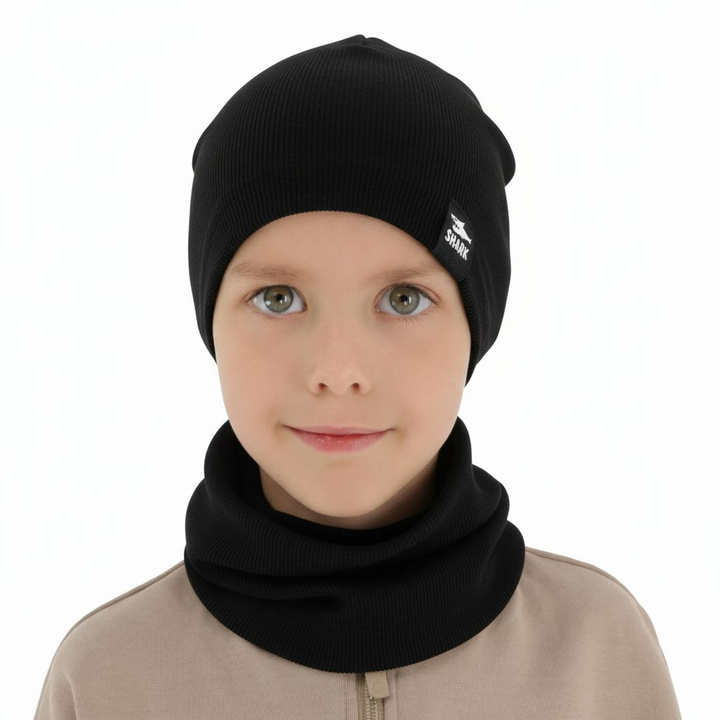 Ensemble automne/printemps garçon: bonnet et snood, en coton, noir, Rumel