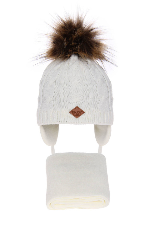 Ensemble d'hiver garçon: bonnet et écharpe, crème, avec pompon, avec liens, Minor