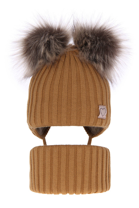 Ensemble d'hiver fille: bonnet et snood, camel, avec deux pompons, avec liens, Telisa
