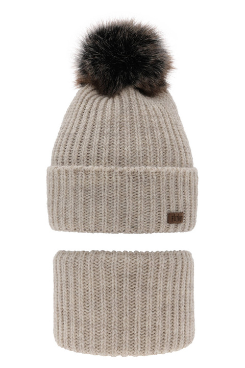 Ensemble d'hiver garçon: bonnet et snood, beige, avec pompon, Wonder