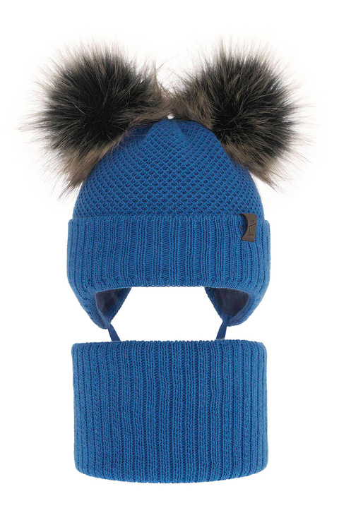 Ensemble d'hiver garçon: bonnet et snood, bleu, avec deux pompons, avec liens, Randel