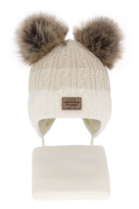 Ensemble d'hiver garçon: bonnet et écharpe, crème, avec deux pompons, Platon