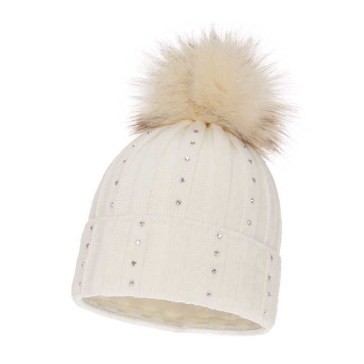 Bonnet d'hiver femme, crème, avec pompon, Mada
