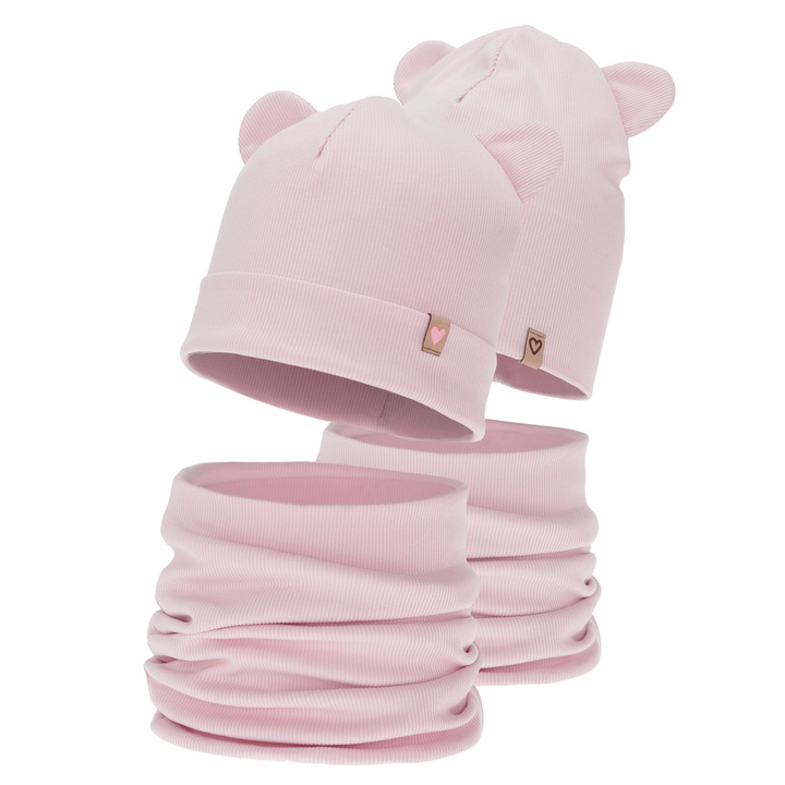 Ensemble automne/printemps fille: bonnet et snood, en coton, rose, Luminia