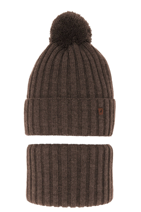 Ensemble d'hiver garçon: bonnet et snood, brun, avec pompon, Wiliam
