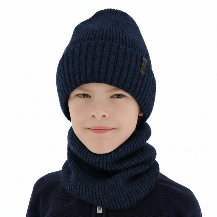 Bonnet et snood pour garçon, ensemble d'hiver, 100% laine mérinos, avec doublure en laine mérinos, bleu marine Harbin