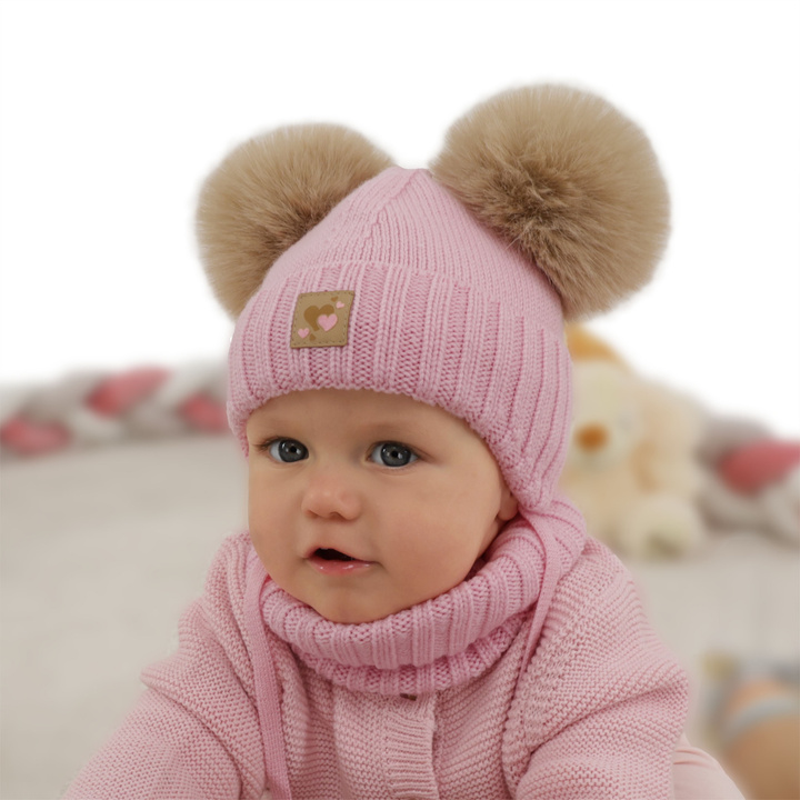 Ensemble bonnet et tour de cou fille, hiver, rose, 100% laine mérinos, doublé polaire laine, Ronia