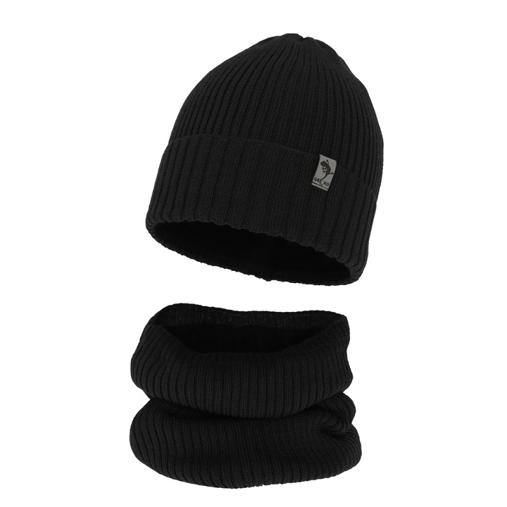 Ensemble d'hiver garçon: bonnet et snood, noir, avec laine mérinos, Gecko