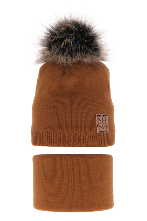 Ensemble d'hiver fille: bonnet et snood, camel, avec pompon, Apolinka