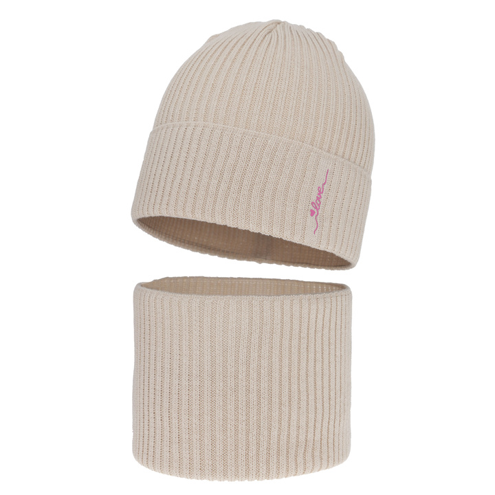 Ensemble automne/printemps fille: bonnet et snood, avec coton, beige, Elvara