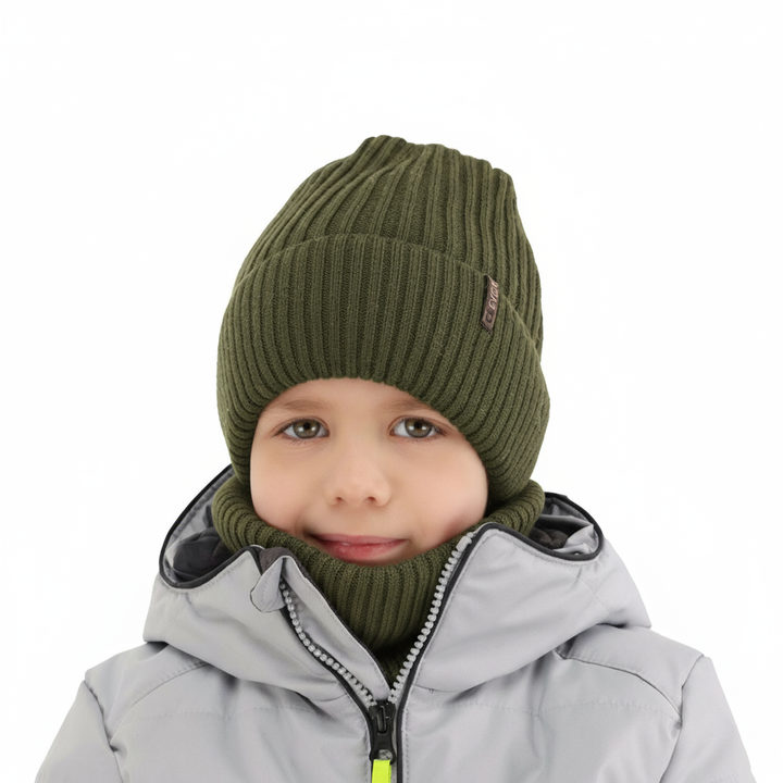 Ensemble d'hiver garçon: bonnet et snood, khaki, avec laine mérinos, Gizmo