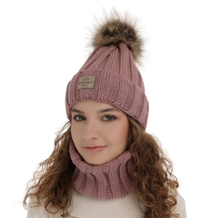 Ensemble d'hiver fille: bonnet et snood, violet, avec pompon, Kaliope