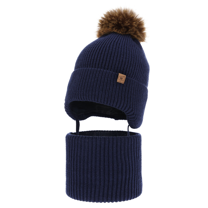 Ensemble d'hiver garçon: bonnet et snood, bleu marine, avec pompon, Zico