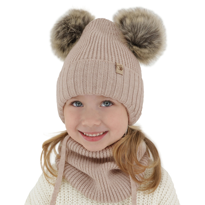 Ensemble d'hiver fille: bonnet et snood, beige, avec laine mérinos, avec liens, avec deux pompons, Silvia