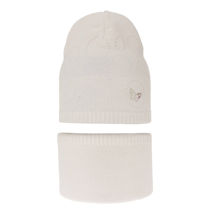 Ensemble automne/printemps fille: bonnet et snood, avec coton, crème, ajouré, Amarilla