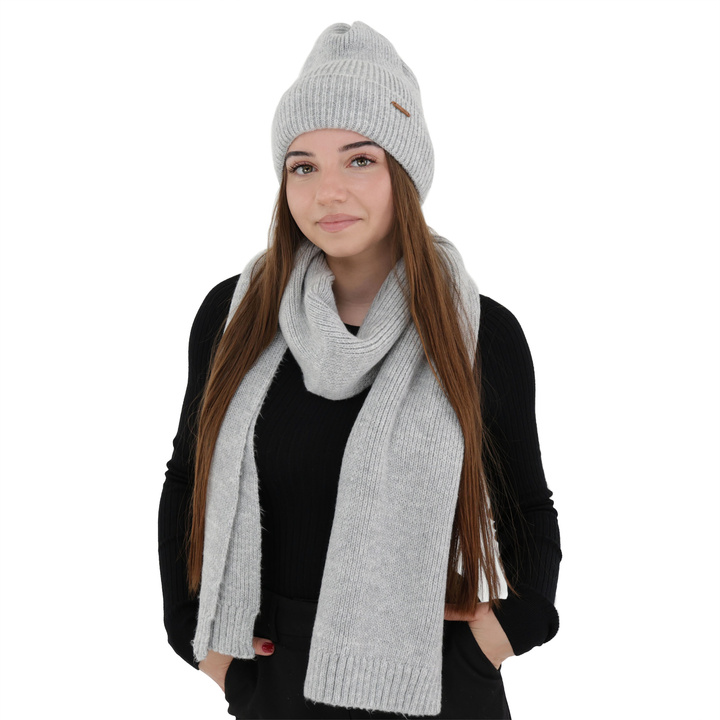 Ensemble d'hiver femme: bonnet et écharpe, gris, avec laine mérinos, Seala