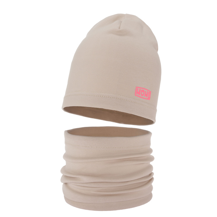 Ensemble automne/printemps fille: bonnet et snood, beige, en coton, Friza