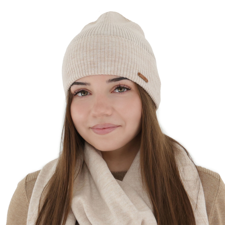 Bonnet automne/printemps femme, beige, 100% Laine Mérinos, Flerra