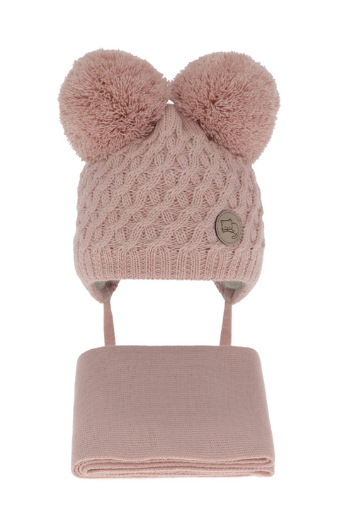 Ensemble d'hiver fille: bonnet et écharpe, rose, avec deux pompons, avec liens, Anava