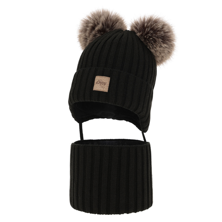 Ensemble d'hiver garçon: bonnet et snood, noir, avec deux pompons, avec liens, Orange