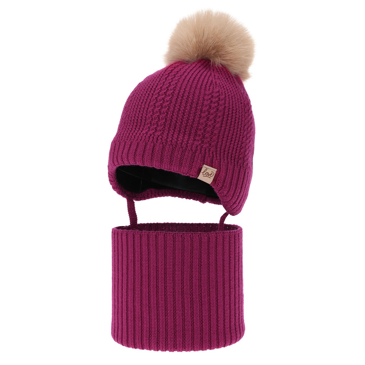 Bonnet et snood pour fille, ensemble d'hiver, amarante, 100% laine mérinos, doublé de polaire en laine, avec liens Danielle