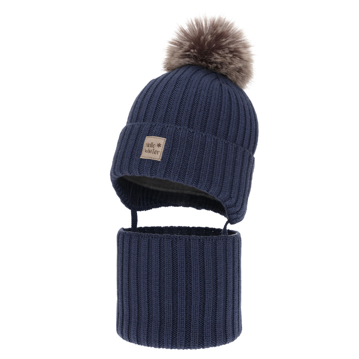 Ensemble d'hiver garçon: bonnet et snood, bleu foncé, avec laine mérinos, doublé de polaire, avec liens, Morti