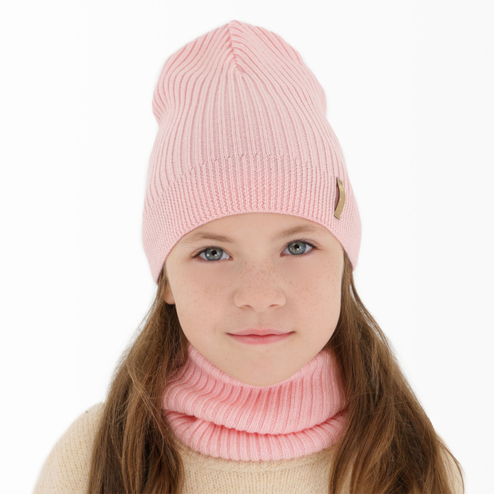 Ensemble automne/printemps fille: bonnet et snood, rose, avec laine mérinos, Chelsie