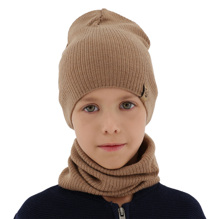 Ensemble automne/printemps garçon: bonnet et snood, camel, avec laine mérinos, Richi