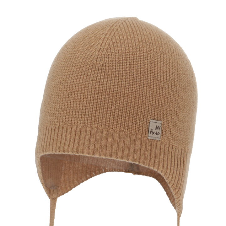 Bonnet automne/printemps garçon, camel, avec laine mérinos, avec liens, Tono