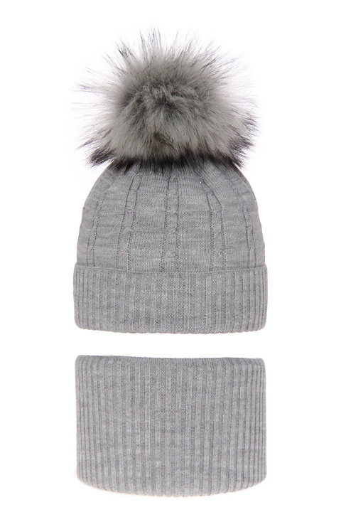 Ensemble d'hiver fille: bonnet et snood, gris, avec pompon, Lawa
