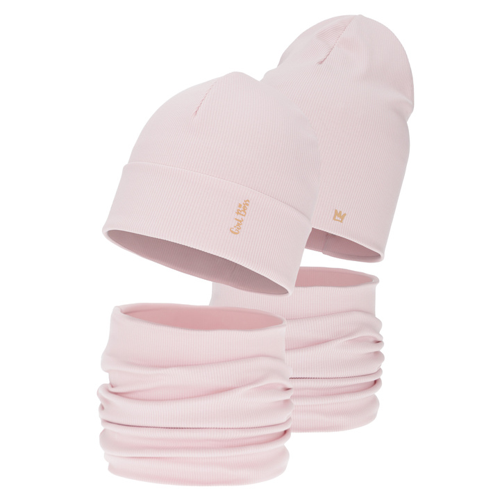 Ensemble automne/printemps fille: bonnet et snood, en coton, rose, Carina