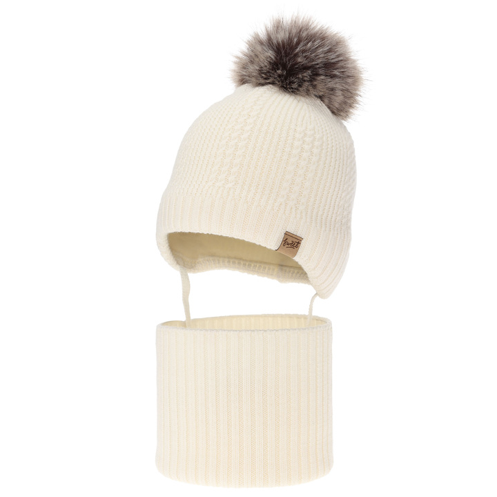 Ensemble bonnet et tour de cou garçon, hiver, crème, 100% laine mérinos, doublé polaire laine, à nouer Danny