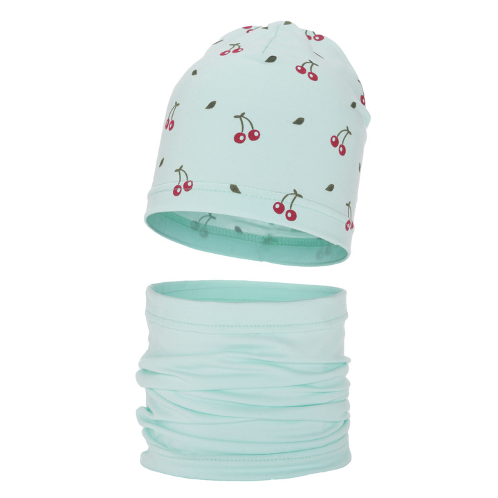 Ensemble automne/printemps fille: bonnet et snood, mint, en coton, Cerise