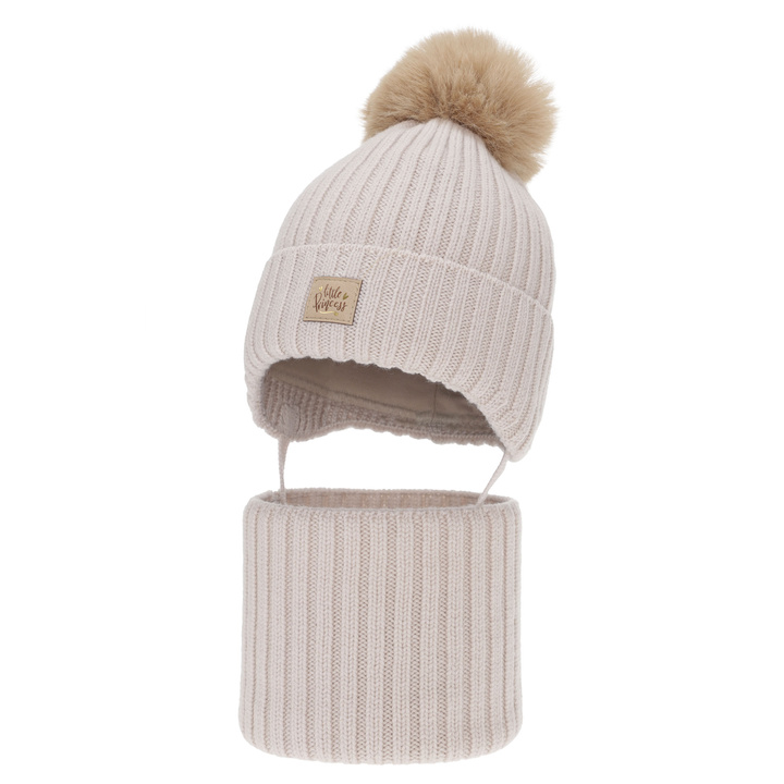 Ensemble d'hiver fille: bonnet et snood, beige, 100% Laine Mérinos, avec liens, doublé de coton, Malesia