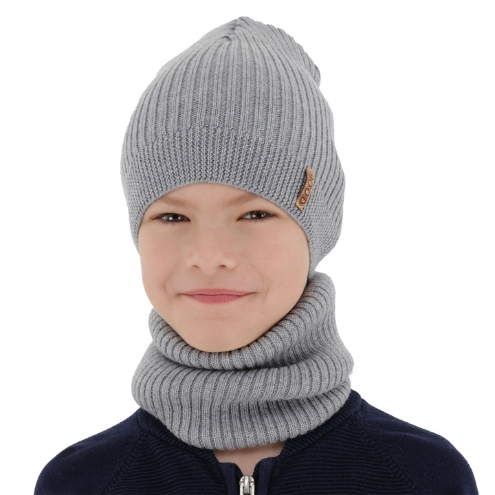 Ensemble automne/printemps garçon: bonnet et snood, gris clair, avec laine mérinos, Chester