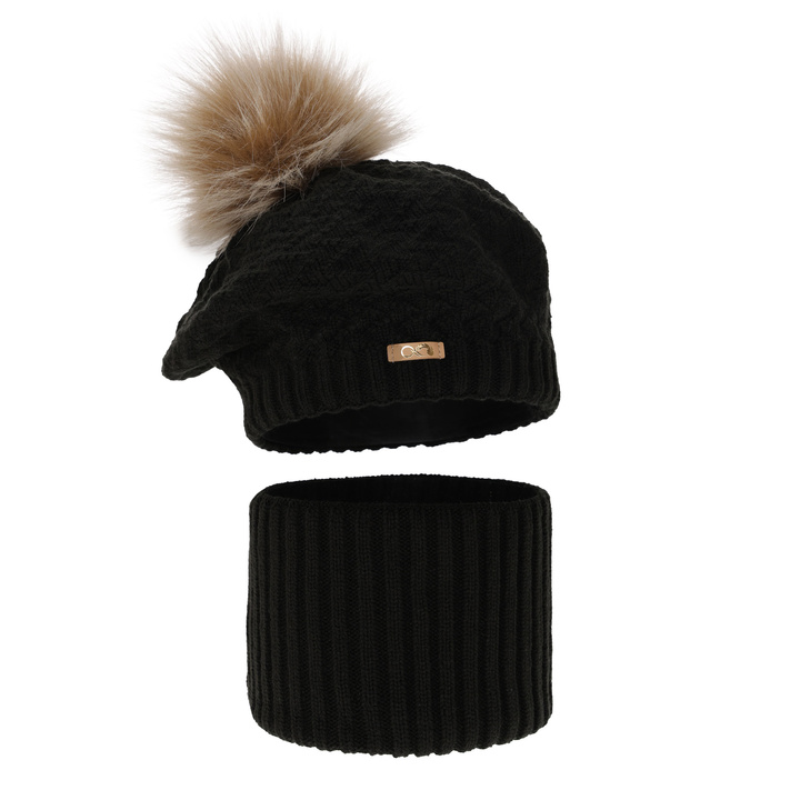 Ensemble d'hiver fille: beret et snood, noir, avec pompon, Atene