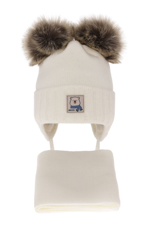 Ensemble d'hiver garçon: bonnet et écharpe, crème, avec deux pompons, wiązany Jewel