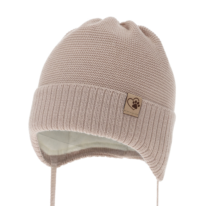Bonnet d'hiver fille, beige, avec liens, avec laine mérinos, Dari