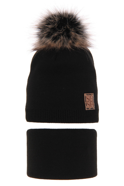 Ensemble d'hiver fille: bonnet et snood, noir, avec pompon, Apolinka