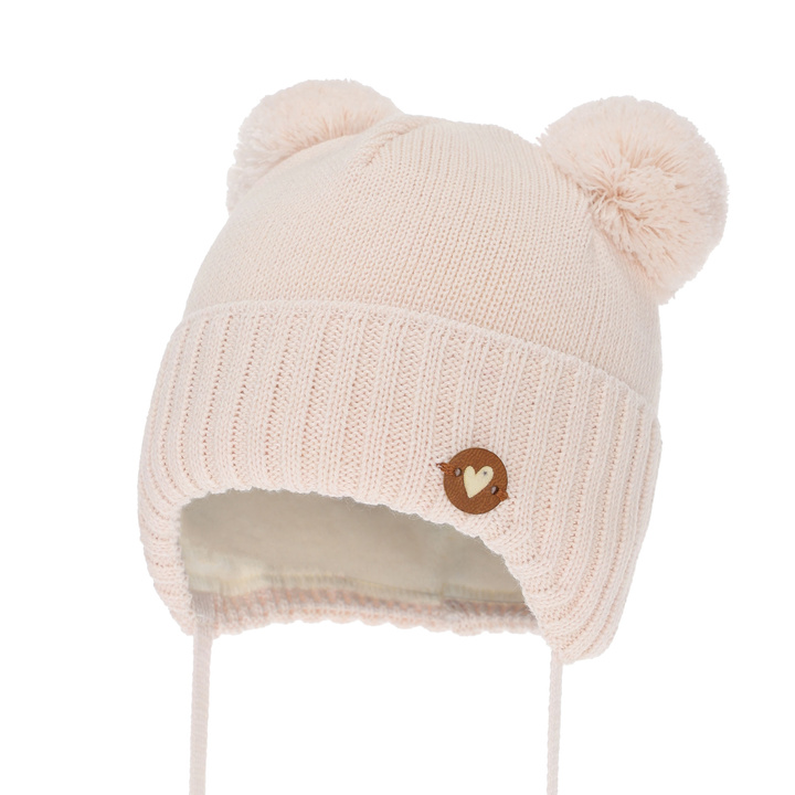 Bonnet d'hiver fille, rose clair, avec liens, avec laine mérinos, Mesyna