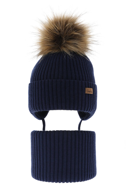 Ensemble d'hiver garçon: bonnet et snood, bleu marine, avec pompon, Bergo