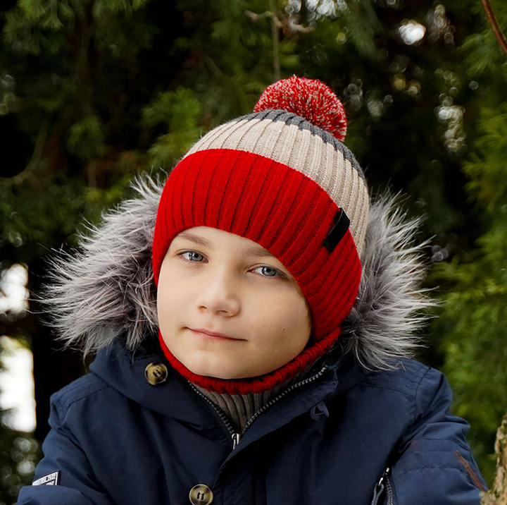 Ensemble d'hiver garçon: bonnet et snood, rouge, avec pompon, Karson